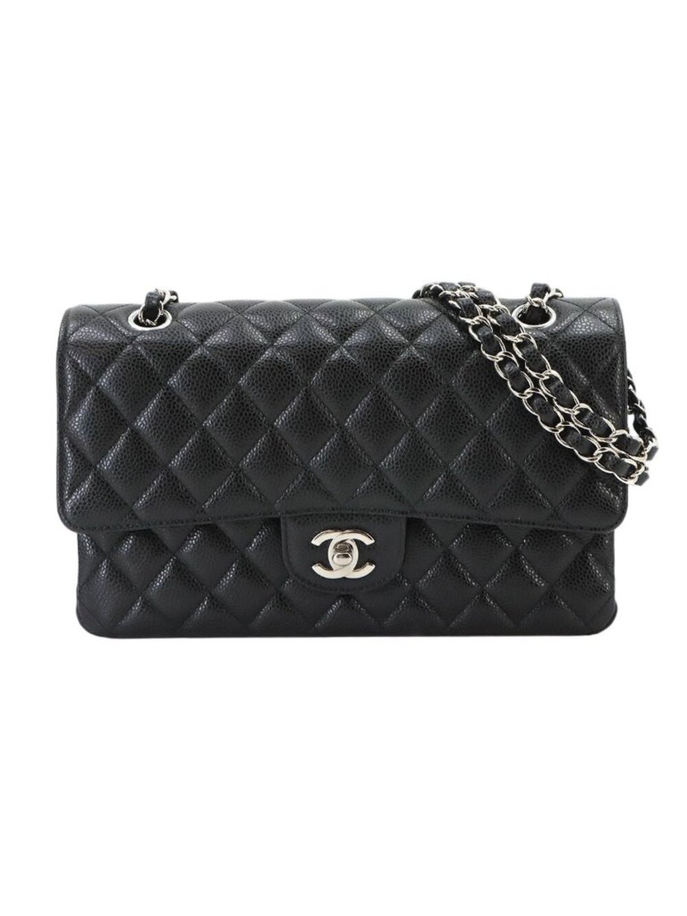 Chanel Quilted 25 Chain Shoulder Bag Caviar Leather Black Silver